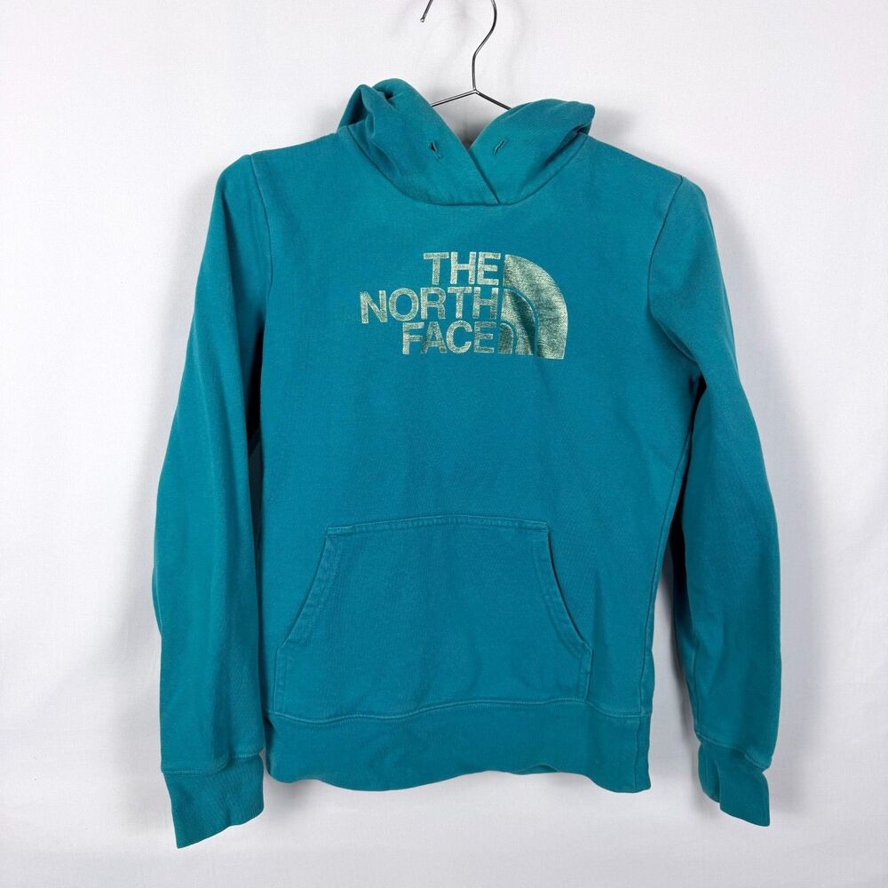 North Face Hoodie Sweatshirt Teal Shinny Logo Pocket Women's XS